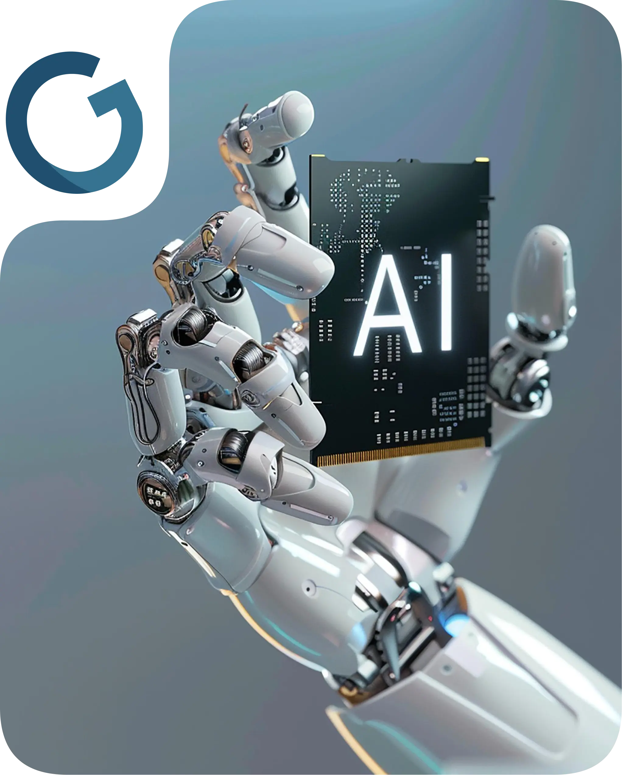 G-Tech AI consultancy — robotic hand holding AI chip